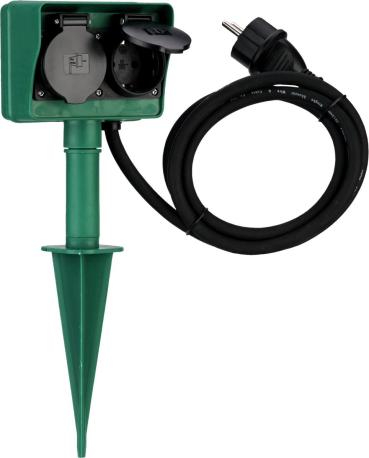 REV Erdspieß mit Steckdose, 2-Fach, 1,4m Kabel, IP44, mit Befestigungsplatte, grün-schwarz (0595004555)