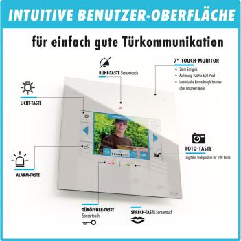 M-E Vistadoor VDV-1107-W mit 7 Zoll Monitor iP (App), Bildspeicher, Freisprechen, Sensortouch & mp3, weiß (41280)