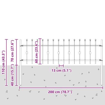 Spießzaun Schwarz 200 x 130 cm Pulverbeschichteter Stahl
