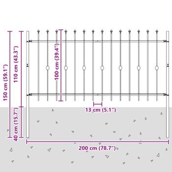 Spießzaun Schwarz 200 x 150 cm Pulverbeschichteter Stahl