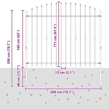 Spießzaun Schwarz 200 x 200 cm Pulverbeschichteter Stahl