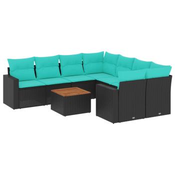 9-tlg. Garten-Sofagarnitur mit Kissen Schwarz Poly Rattan