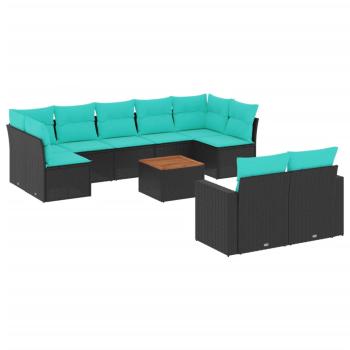 10-tlg. Garten-Sofagarnitur mit Kissen Schwarz Poly Rattan