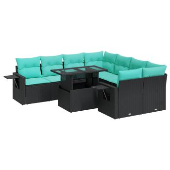 9-tlg. Garten-Sofagarnitur mit Kissen Schwarz Poly Rattan Akazie