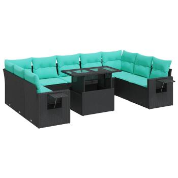 10-tlg. Garten-Sofagarnitur mit Kissen Schwarz Poly Rattan