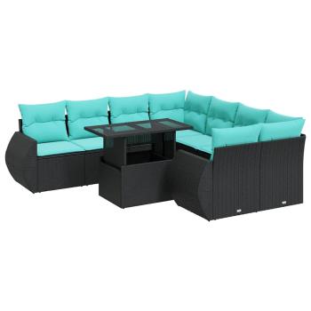 9-tlg. Garten-Sofagarnitur mit Kissen Schwarz Poly Rattan
