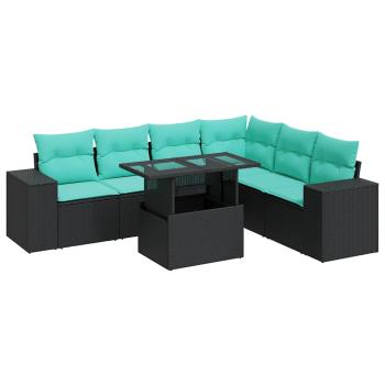 7-tlg. Garten-Sofagarnitur mit Kissen Schwarz Poly Rattan