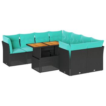 9-tlg. Garten-Sofagarnitur mit Kissen Schwarz Poly Rattan