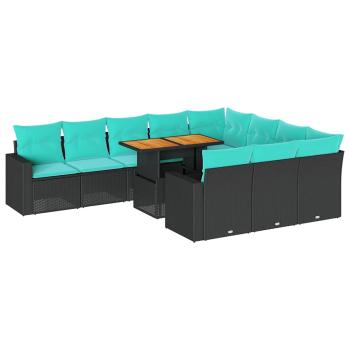 11-tlg. Garten-Sofagarnitur mit Kissen Schwarz Poly Rattan