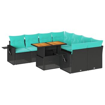 9-tlg. Garten-Sofagarnitur mit Kissen Schwarz Poly Rattan