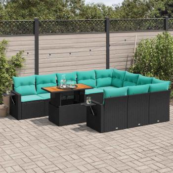 ARDEBO.de - 11-tlg. Garten-Sofagarnitur mit Kissen Schwarz Poly Rattan