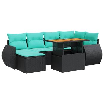 7-tlg. Garten-Sofagarnitur mit Kissen Schwarz Poly Rattan