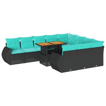 11-tlg. Garten-Sofagarnitur mit Kissen Schwarz Poly Rattan