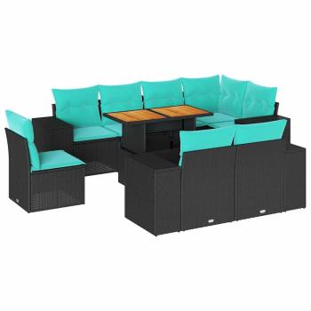 9-tlg. Garten-Sofagarnitur mit Kissen Schwarz Poly Rattan