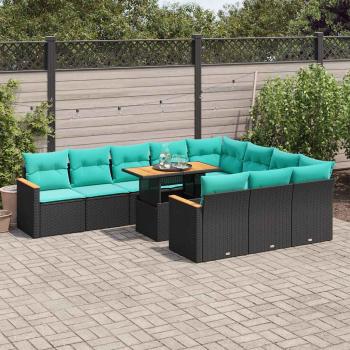 ARDEBO.de - 11-tlg. Garten-Sofagarnitur mit Kissen Schwarz Poly Rattan