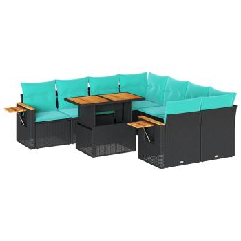 9-tlg. Garten-Sofagarnitur mit Kissen Schwarz Poly Rattan