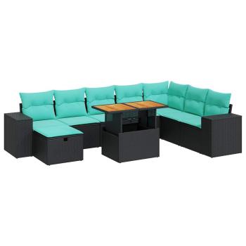 9-tlg. Garten-Sofagarnitur mit Kissen Schwarz Poly Rattan