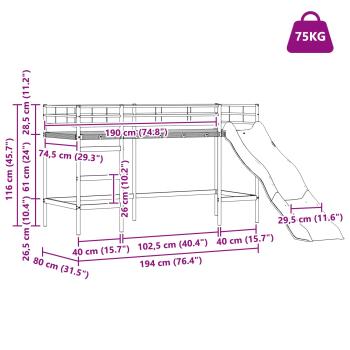 Kinder-Loftbett mit Rutsche Weiß und Anthrazit 74,5 x 190 cm