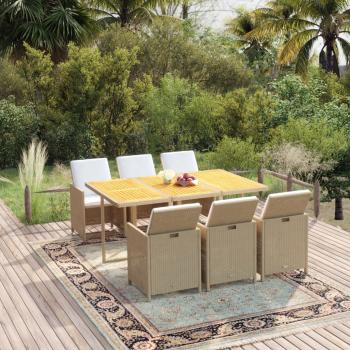 ARDEBO.de - 7-tlg. Garten-Essgruppe mit Kissen Poly Rattan Beige