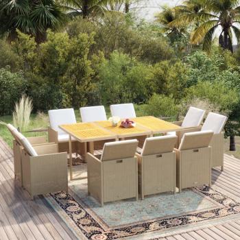 ARDEBO.de - 11-tlg. Garten-Essgruppe mit Kissen Poly Rattan Beige