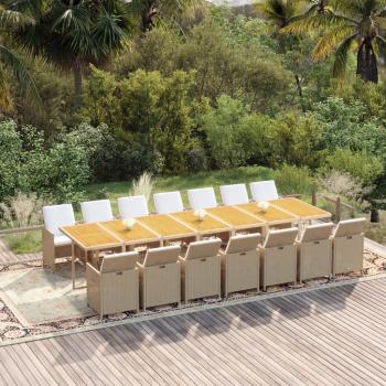 ARDEBO.de - 15-tlg. Garten-Essgruppe mit Kissen Beige Poly Rattan