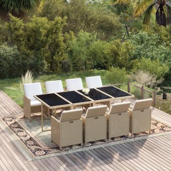 ARDEBO.de - 9-tlg. Garten-Essgruppe mit Kissen Poly Rattan Beige