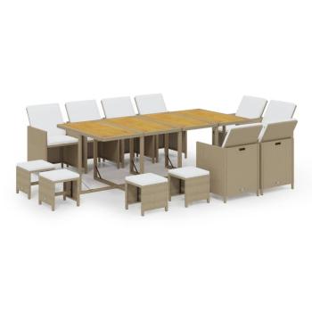 13-tlg. Garten-Essgruppe mit Kissen Poly Rattan Beige