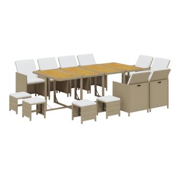 13-tlg. Garten-Essgruppe mit Kissen Poly Rattan Beige