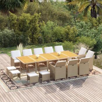 ARDEBO.de - 15-tlg. Garten-Essgruppe mit Kissen Poly Rattan Beige