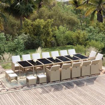 ARDEBO.de - 19-tlg. Garten-Essgruppe mit Kissen Poly Rattan Beige