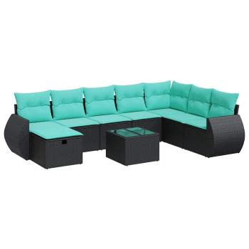 9-tlg. Garten-Sofagarnitur mit Kissen Schwarz Poly Rattan