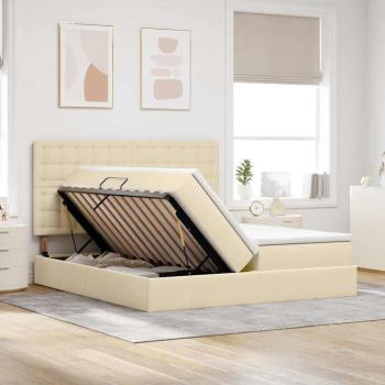Aufbewahrungsbett mit Kopfteil Creme 200 x 200 cm Stoff