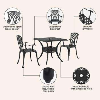 Gartentisch Set 3 pcs Schwarz Gussaluminium