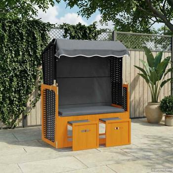 ARDEBO.de - Strandkorb mit Dach Poly Rattan & Massivholz Schwarz Anthrazit