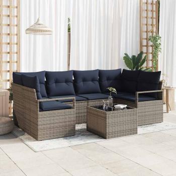 ARDEBO.de - Sofa Set mit Kissen 7 pcs Grau und Blau Poly Rattan