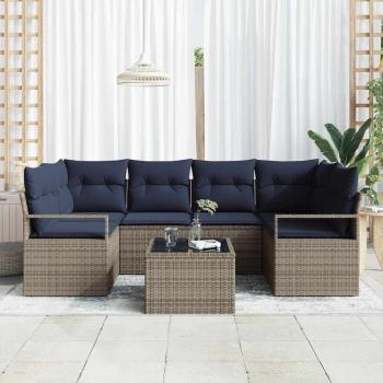Sofa Set mit Kissen 7 pcs Grau und Blau Poly Rattan
