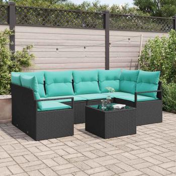 ARDEBO.de - Sofa Set 7 pcs Schwarz und Blau Poly-Rattan