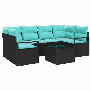 Sofa Set 7 pcs Schwarz und Blau Poly-Rattan