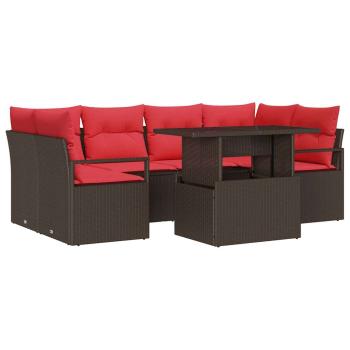 Garten-Sofa-Set mit Kissen 7 pcs Braun und Rot Poly-Rattan