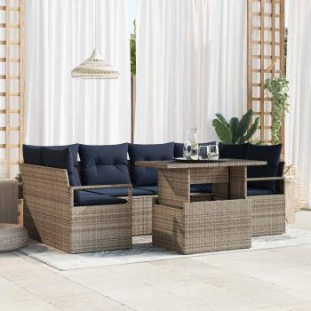ARDEBO.de - Garten-Sofa-Set 7 pcs Grau und Marineblau Poly-Rattan