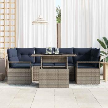 Garten-Sofa-Set 7 pcs Grau und Marineblau Poly-Rattan