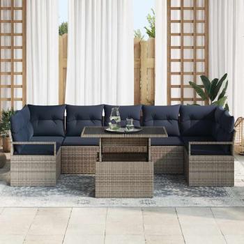 Garten-Sofa-Set 8 pcs Grau und Marineblau Poly-Rattan