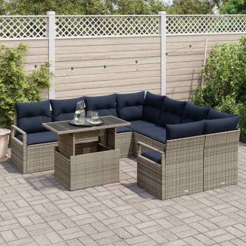 Gartensofa-set mit Kissen 9 pcs Grau und Marineblau Poly-Rattan