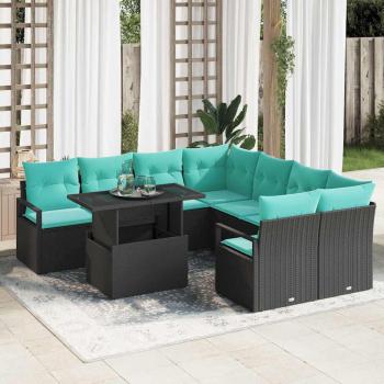 ARDEBO.de - Gartensofa-set mit Speicher 9 pcs Schwarz und Blau Poly-Rattan