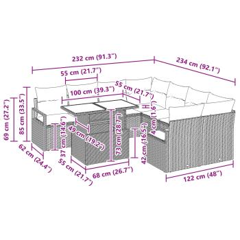 Gartensofa-set mit Speicher 9 pcs Schwarz und Blau Poly-Rattan