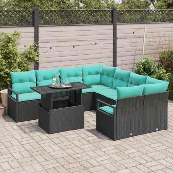 Gartensofa-set mit Speicher 9 pcs Schwarz und Blau Poly-Rattan