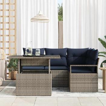 Garten-Sofa-Set 5 pcs Grau und Marineblau Poly-Rattan