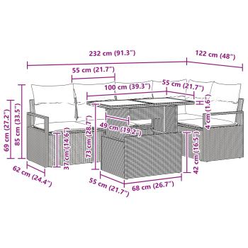 Garten-Sofa-Set mit Kissen 6 pcs Braun und Rot Poly-Rattan