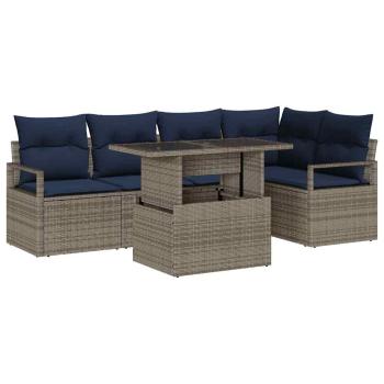 Gartensofa-set mit Kissen 6 pcs Grau und Marineblau Poly-Rattan
