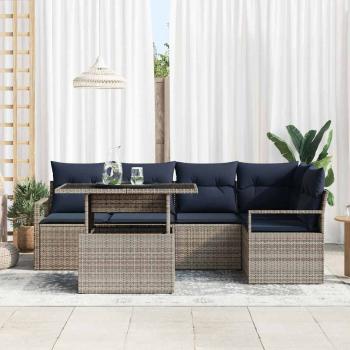 Gartensofa-set mit Kissen 6 pcs Grau und Marineblau Poly-Rattan